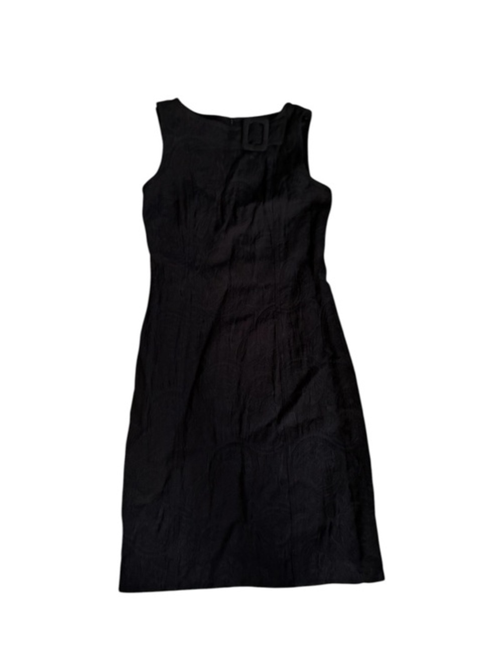 David Meister Sleeveless Black Sheath Dress with Square Buckle Detail